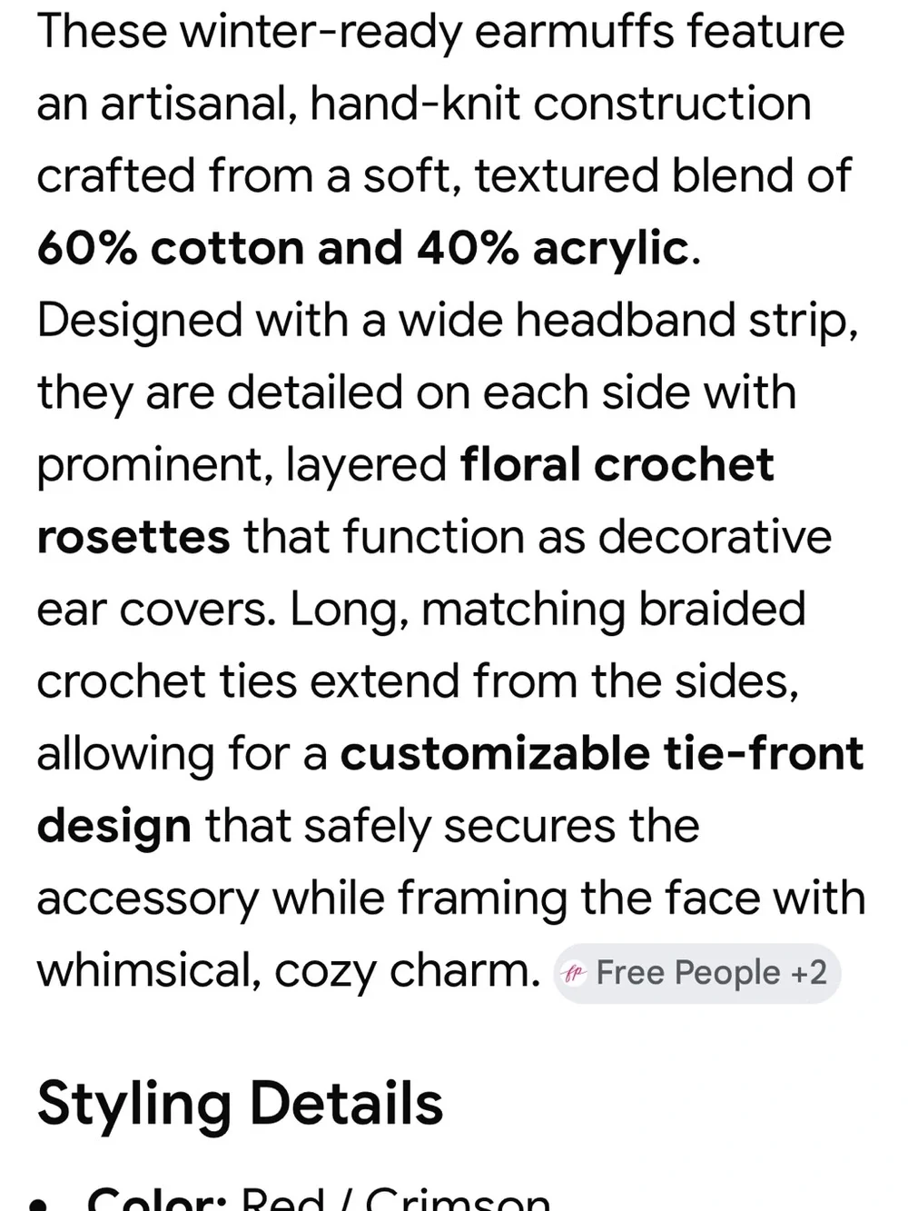 Free People Red Crochet Floral Ear Warmer Scarf